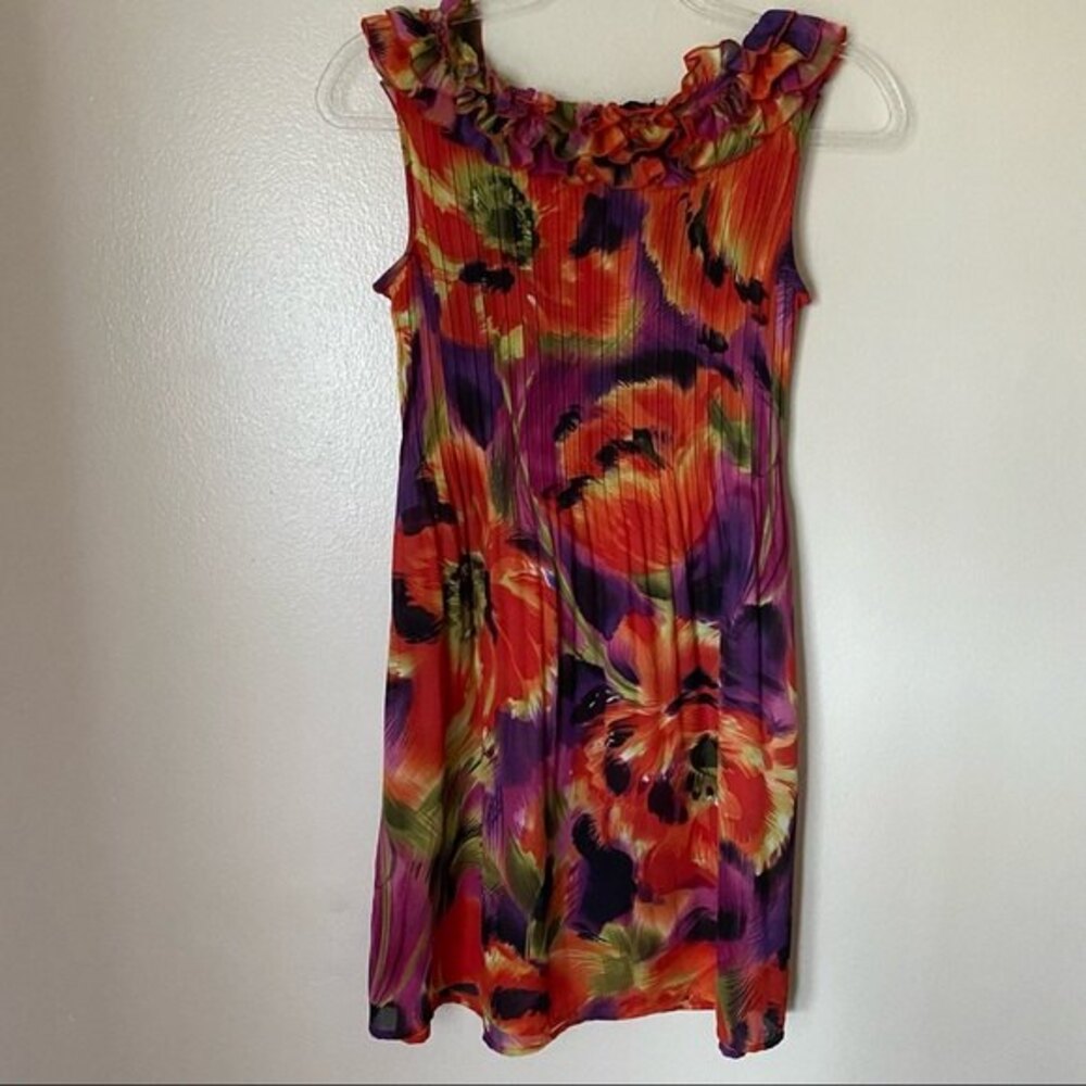 Sunny Leigh Women's Size PP Petite Small Colorful Floral Ruffled Neck Dress - Picture 4 of 6